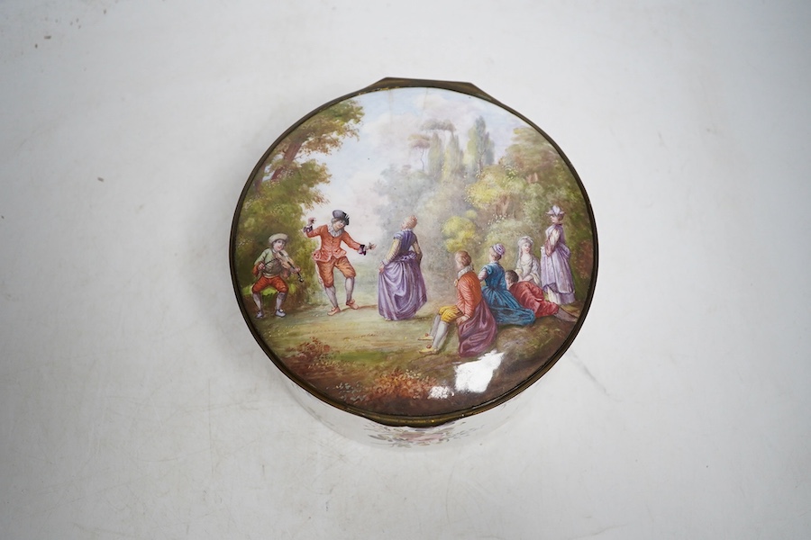 A French 19th century enamel on copper trinket box, 16cm diameter. Condition - poor to fair